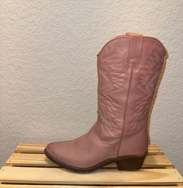 Single shot of left side of baby pink boot