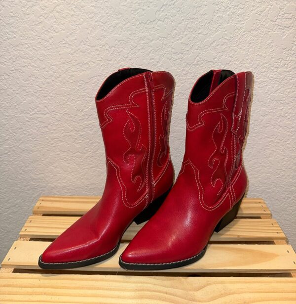 Side angle shot of red boots