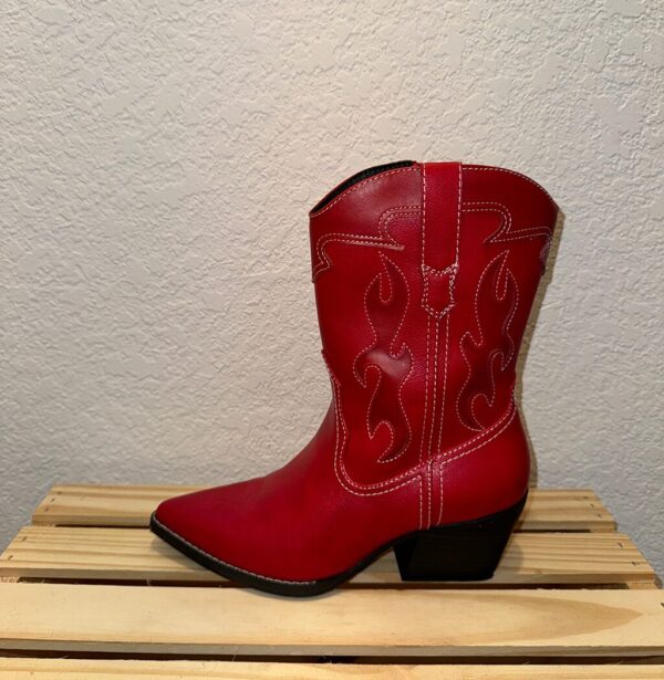 Single shot of left side of red boots