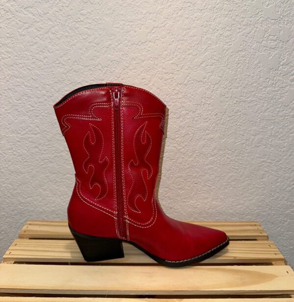 Single shot of right side of red boots